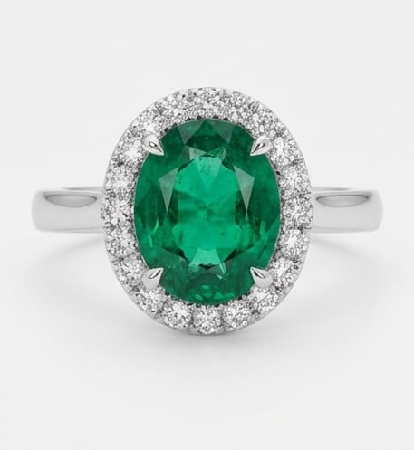 2.0 Ct Oval Natural Emerald 14K White Gold Halo Setting with Plain Shank Ring Certified: This certified fine jewelry piece features a 2.0 carat natural Emerald in a Oval cut, crafted in 14K White Gold. The Halo Setting with Plain Shank design highlights the beauty of the natural center st