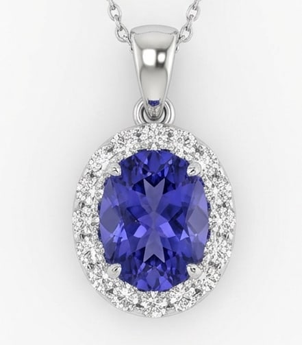 2.0 Ct Oval Natural Tanzanite 14K White Gold Pendant with Halo Certified: This certified fine jewelry piece features a 2.0 carat natural Tanzanite in a Oval cut, crafted in 14K White Gold. The Pendant with Halo design highlights the beauty of the natural center stone. It is