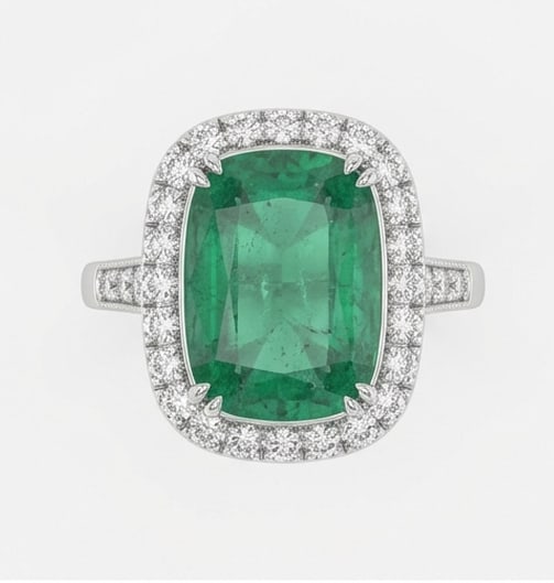 4.0 Ct Cushion Natural Emerald 14K White Gold Halo Setting with Pave Accents Ring Certified: This certified fine jewelry piece features a 4.0 carat natural Emerald in a Cushion cut, crafted in 14K White Gold. The Halo Setting with Pave Accents design highlights the beauty of the natural cente