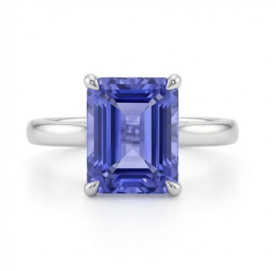 3.0 Ct Emerald Natural Tanzanite 14K White Gold Cathedral Solitaire Ring Certified: This certified fine jewelry piece features a 3.0 carat natural Tanzanite in a Emerald cut, crafted in 14K White Gold. The Cathedral Solitaire design highlights the beauty of the natural center stone. 