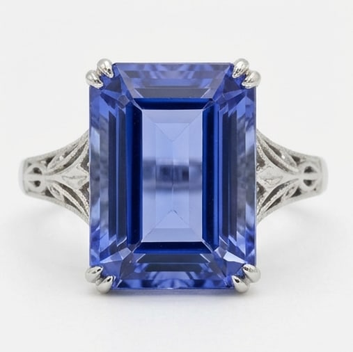 5.0 Ct Emerald Natural Tanzanite 14K White Gold Vintage Solitaire (Split Shank) Ring Certified: This certified fine jewelry piece features a 5.0 carat natural Tanzanite in a Emerald cut, crafted in 14K White Gold. The Vintage Solitaire (Split Shank) design highlights the beauty of the natural ce