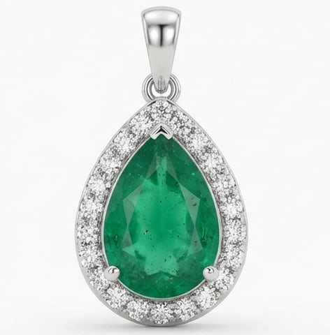 3.5 Ct Pear Natural Emerald 14K White Gold Pendant with Halo Certified: This certified fine jewelry piece features a 3.5 carat natural Emerald in a Pear cut, crafted in 14K White Gold. The Pendant with Halo design highlights the beauty of the natural center stone. It is a