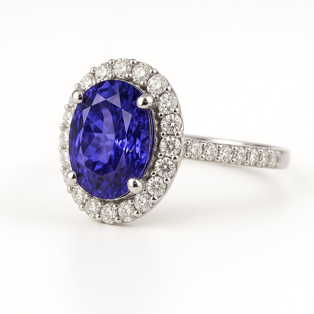 3.0 Ct Oval Natural Tanzanite 14K White Gold Halo Setting with Pave Shank Ring Certified: This certified fine jewelry piece features a 3.0 carat natural Tanzanite in a Oval cut, crafted in 14K White Gold. The Halo Setting with Pave Shank design highlights the beauty of the natural center s