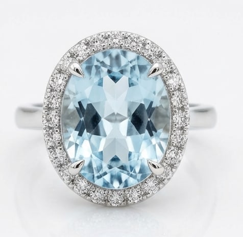 4.5 Ct Oval Natural Aquamarine 14K White Gold Halo Setting with Plain Shank Ring Certified: This certified fine jewelry piece features a 4.5 carat natural Aquamarine in a Oval cut, crafted in 14K White Gold. The Halo Setting with Plain Shank design highlights the beauty of the natural center