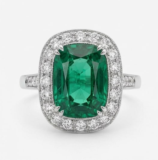 4.5 Ct Cushion Natural Emerald 14K White Gold Halo Setting with Pave Shank Ring Certified: This certified fine jewelry piece features a 4.5 carat natural Emerald in a Cushion cut, crafted in 14K White Gold. The Halo Setting with Pave Shank design highlights the beauty of the natural center 