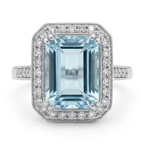 5.0 Ct Emerald Natural Aquamarine 14K White Gold Halo Setting with Pave Shank Ring Certified: This certified fine jewelry piece features a 5.0 carat natural Aquamarine in a Emerald cut, crafted in 14K White Gold. The Halo Setting with Pave Shank design highlights the beauty of the natural cent