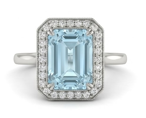 5.0 Ct Emerald Natural Aquamarine 14K White Gold Halo Setting with Milgrain Detail Ring: This certified fine jewelry piece features a 5.0 carat natural Aquamarine in a Emerald cut, crafted in 14K White Gold. The Halo Setting with Milgrain Detail design highlights the beauty of the natural