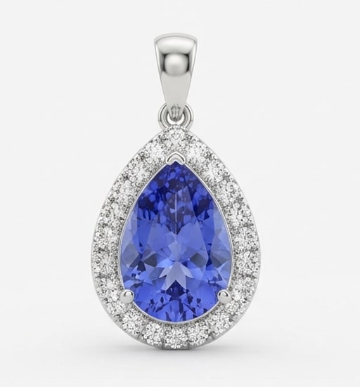 3.0 Ct Pear Natural Tanzanite 14K White Gold Pendant with Halo Certified: This certified fine jewelry piece features a 3.0 carat natural Tanzanite in a Pear cut, crafted in 14K White Gold. The Pendant with Halo design highlights the beauty of the natural center stone. It is