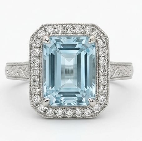 4.5 Ct Emerald Natural Aquamarine 14K White Gold Halo Setting with Vintage Shank Ring Certified: This certified fine jewelry piece features a 4.5 carat natural Aquamarine in a Emerald cut, crafted in 14K White Gold. The Halo Setting with Vintage Shank design highlights the beauty of the natural c