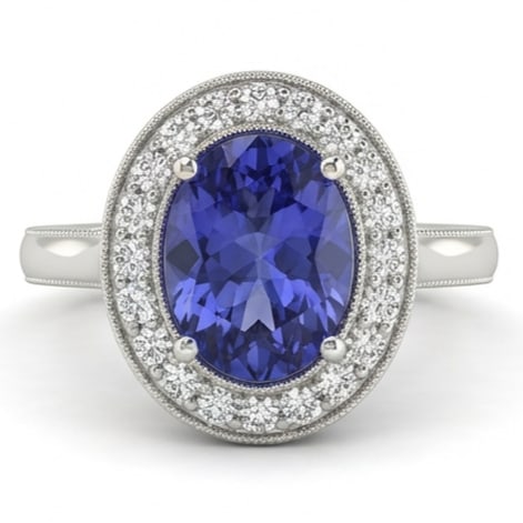 3.5 Ct Oval Natural Tanzanite 14K White Gold Halo Setting (Milgrain Detail) Ring Certified: This certified fine jewelry piece features a 3.5 carat natural Tanzanite in a Oval cut, crafted in 14K White Gold. The Halo Setting (Milgrain Detail) design highlights the beauty of the natural center