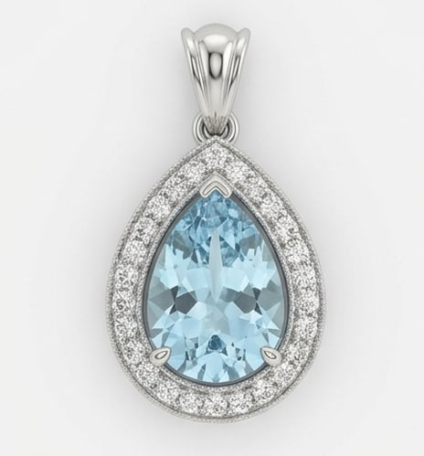 3.0 Ct Pear Natural Aquamarine 14K White Gold Halo Pendant Certified: This certified fine jewelry piece features a 3.0 carat natural Aquamarine in a Pear cut, crafted in 14K White Gold. The Halo Pendant design highlights the beauty of the natural center stone. It is acc