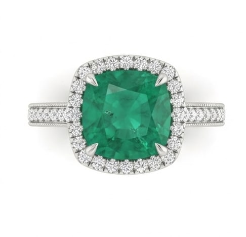 4.0 Ct Cushion Natural Emerald 14K White Gold Halo Setting with Pave Shank Ring Certified: This certified fine jewelry piece features a 4.0 carat natural Emerald in a Cushion cut, crafted in 14K White Gold. The Halo Setting with Pave Shank design highlights the beauty of the natural center 