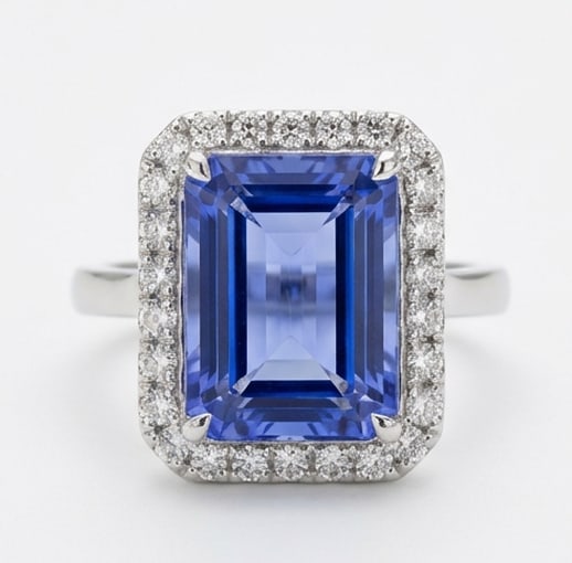 4.0 Ct Emerald Natural Tanzanite 14K White Gold Halo Setting with Split Gallery Ring Certified: This certified fine jewelry piece features a 4.0 carat natural Tanzanite in a Emerald cut, crafted in 14K White Gold. The Halo Setting with Split Gallery design highlights the beauty of the natural ce
