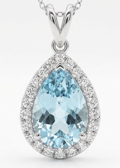 3.5 Ct Pear Natural Aquamarine 14K White Gold Pendant with Halo Certified: This certified fine jewelry piece features a 3.5 carat natural Aquamarine in a Pear cut, crafted in 14K White Gold. The Pendant with Halo design highlights the beauty of the natural center stone. It i