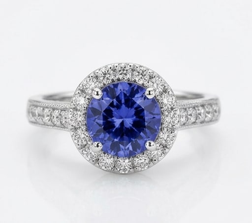 2.0 Ct Round Natural Tanzanite 14K White Gold Halo Setting with Pave Shank Ring Certified: This certified fine jewelry piece features a 2.0 carat natural Tanzanite in a Round cut, crafted in 14K White Gold. The Halo Setting with Pave Shank design highlights the beauty of the natural center 