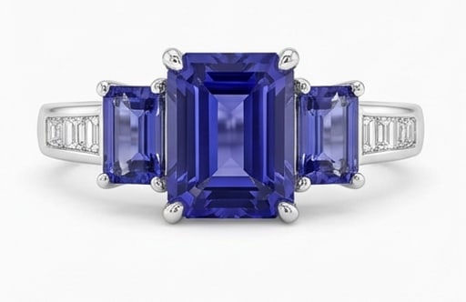 3.0 Ct Emerald Natural Tanzanite 14K White Gold Three-Stone (Tanzanite Sides) Ring Certified: This certified fine jewelry piece features a 3.0 carat natural Tanzanite in a Emerald cut, crafted in 14K White Gold. The Three-Stone (Tanzanite Sides) design highlights the beauty of the natural cent