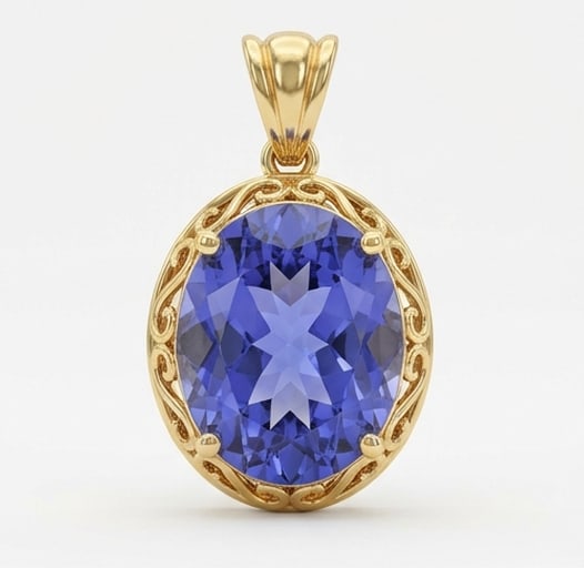 3.0 Ct Oval Natural Tanzanite 14K Yellow Gold Vintage Scroll Pendant Certified: This certified fine jewelry piece features a 3.0 carat natural Tanzanite in a Oval cut, crafted in 14K Yellow Gold. The Vintage Scroll Pendant design highlights the beauty of the natural center stone.