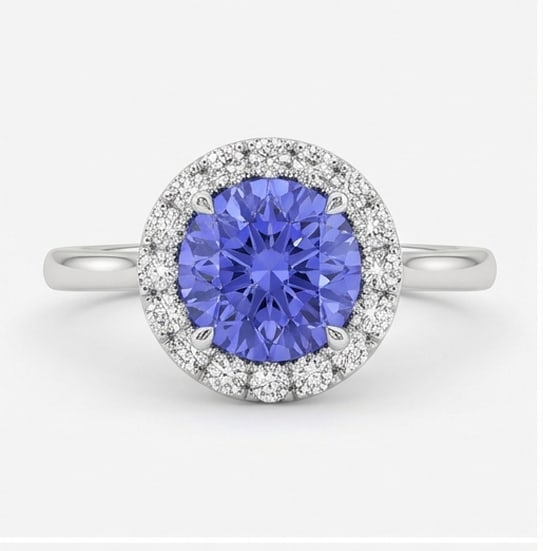 2.0 Ct Round Natural Tanzanite 14K White Gold Halo Setting with Plain Shank Ring Certified: This certified fine jewelry piece features a 2.0 carat natural Tanzanite in a Round cut, crafted in 14K White Gold. The Halo Setting with Plain Shank design highlights the beauty of the natural center