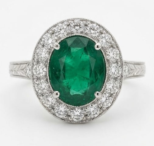 2.0 Ct Oval Natural Emerald 14K White Gold Vintage Halo with Engraved Shank Ring Certified: This certified fine jewelry piece features a 2.0 carat natural Emerald in a Oval cut, crafted in 14K White Gold. The Vintage Halo with Engraved Shank design highlights the beauty of the natural center