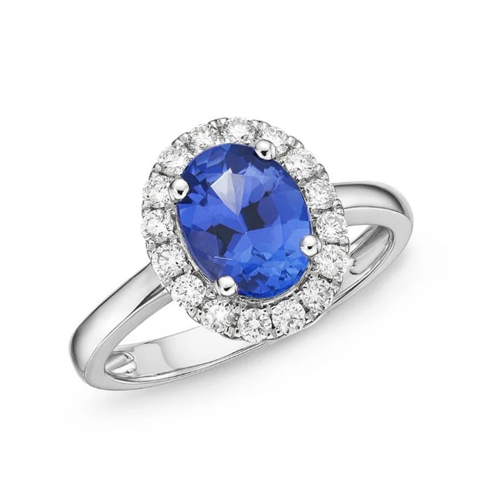 2.0 Ct Oval Natural Tanzanite 14K White Gold Halo Setting with Plain Shank Ring Certified: This certified fine jewelry piece features a 2.0 carat natural Tanzanite in a Oval cut, crafted in 14K White Gold. The Halo Setting with Plain Shank design highlights the beauty of the natural center 