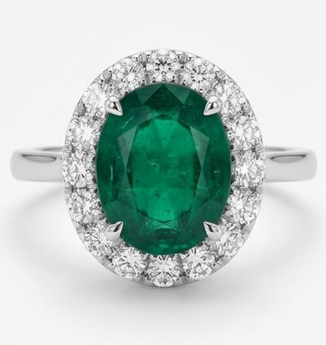 3.0 Ct Oval Natural Emerald 14K White Gold Halo Setting with Plain Shank Ring Certified: This certified fine jewelry piece features a 3.0 carat natural Emerald in a Oval cut, crafted in 14K White Gold. The Halo Setting with Plain Shank design highlights the beauty of the natural center st