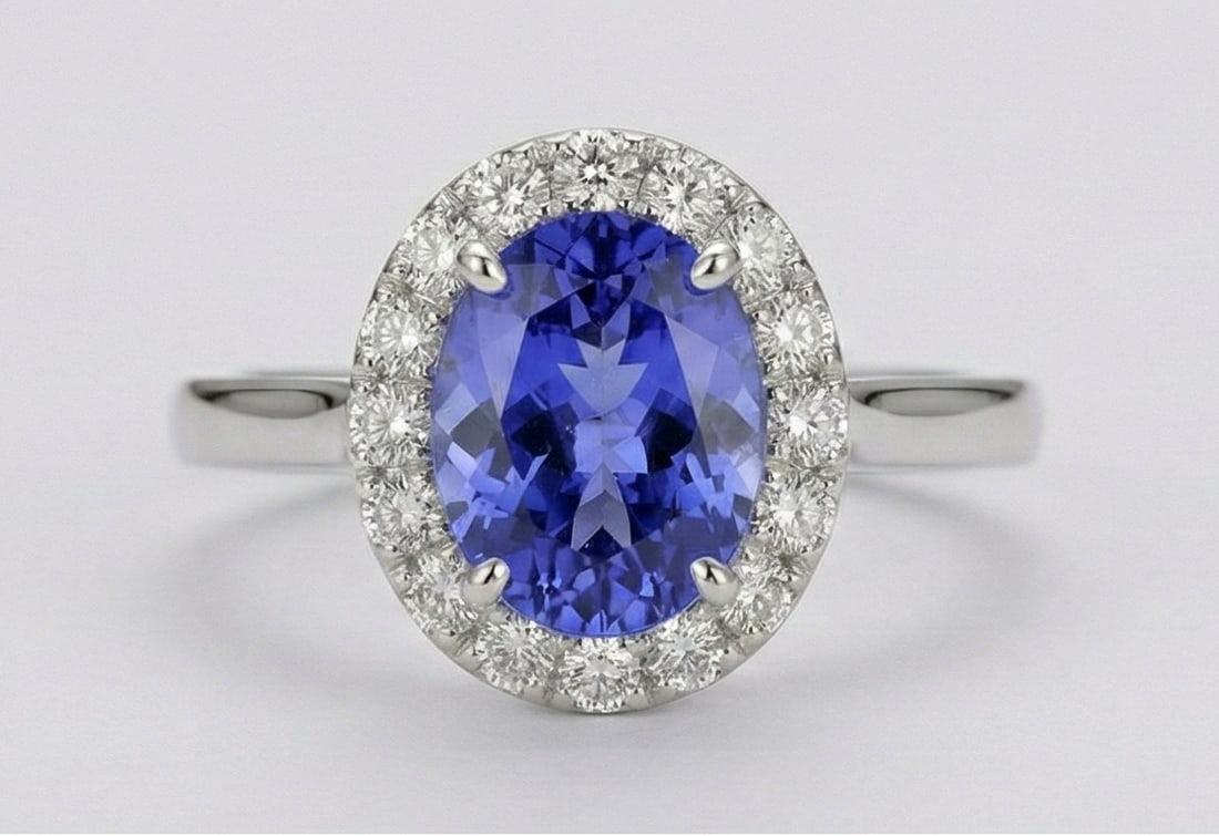 2.0 Ct Oval Natural Tanzanite 14K White Gold Halo Setting with Plain Shank Ring Certified: This certified fine jewelry piece features a 2.0 carat natural Tanzanite in a Oval cut, crafted in 14K White Gold. The Halo Setting with Plain Shank design highlights the beauty of the natural center 