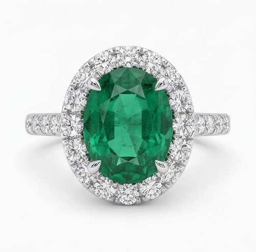 3.0 Ct Oval Natural Emerald 14K White Gold Halo Setting with Pave Shank Ring Certified: This certified fine jewelry piece features a 3.0 carat natural Emerald in a Oval cut, crafted in 14K White Gold. The Halo Setting with Pave Shank design highlights the beauty of the natural center sto