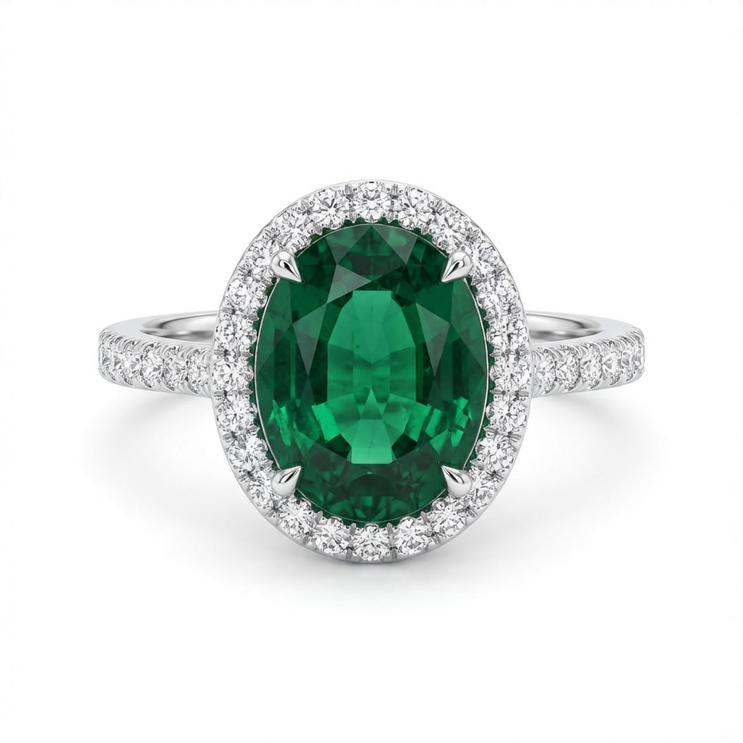 3.5 Ct Oval Natural Emerald 14K White Gold Halo Setting with Pave Shank Ring Certified: This certified fine jewelry piece features a 3.5 carat natural Emerald in a Oval cut, crafted in 14K White Gold. The Halo Setting with Pave Shank design highlights the beauty of the natural center sto