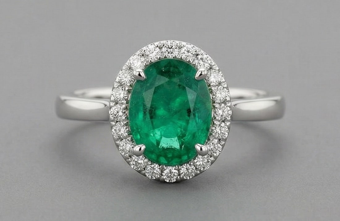 3.0 Ct Oval Natural Emerald 14K White Gold Halo Setting with Plain Shank Ring Certified: This certified fine jewelry piece features a 3.0 carat natural Emerald in a Oval cut, crafted in 14K White Gold. The Halo Setting with Plain Shank design highlights the beauty of the natural center st