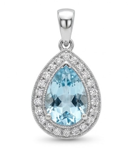 2.0 Ct Pear Natural Aquamarine 14K White Gold Halo Pendant with Decorative Bail Certified: This certified fine jewelry piece features a 2.0 carat natural Aquamarine in a Pear cut, crafted in 14K White Gold. The Halo Pendant with Decorative Bail design highlights the beauty of the natural ce