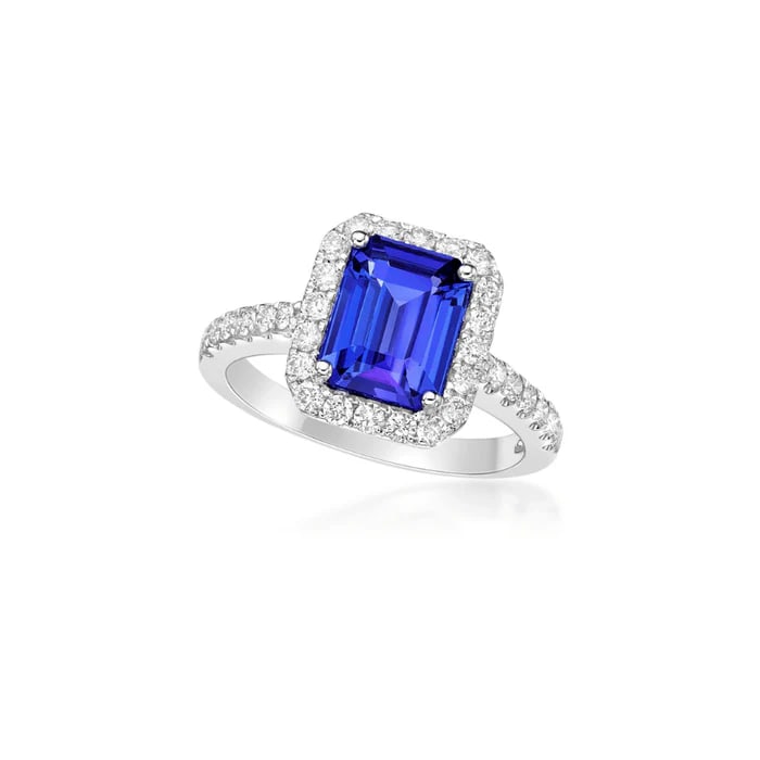 2.0 Ct Emerald Natural Tanzanite 14K White Gold Halo Setting with Pave Shank Ring Certified: This certified fine jewelry piece features a 2.0 carat natural Tanzanite in a Emerald cut, crafted in 14K White Gold. The Halo Setting with Pave Shank design highlights the beauty of the natural cente