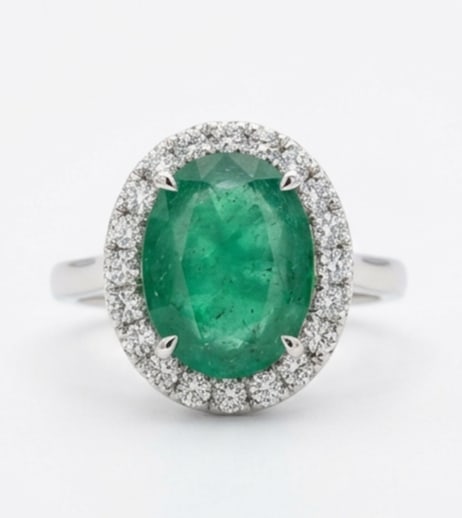 3.0 Ct Oval Natural Emerald 14K White Gold Halo Setting with Plain Shank Ring Certified: This certified fine jewelry piece features a 3.0 carat natural Emerald in a Oval cut, crafted in 14K White Gold. The Halo Setting with Plain Shank design highlights the beauty of the natural center st