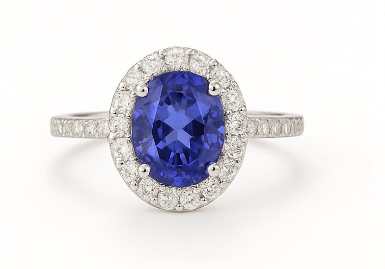 2.5 Ct Oval Natural Tanzanite 14K White Gold Halo Setting with Cathedral Shank Ring Certified: This certified fine jewelry piece features a 2.5 carat natural Tanzanite in a Oval cut, crafted in 14K White Gold. The Halo Setting with Cathedral Shank design highlights the beauty of the natural cen