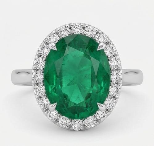 3.5 Ct Oval Natural Emerald 14K White Gold Halo Setting with Pave Shank Ring Certified: This certified fine jewelry piece features a 3.5 carat natural Emerald in a Oval cut, crafted in 14K White Gold. The Halo Setting with Pave Shank design highlights the beauty of the natural center sto
