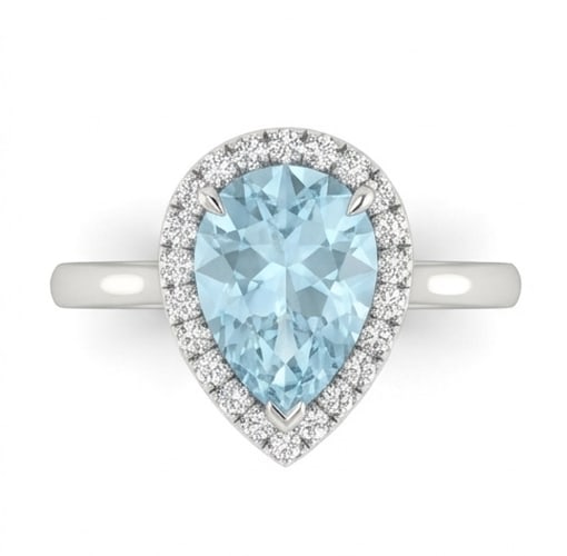 3.5 Ct Pear Natural Aquamarine 14K White Gold Halo Setting with Plain Shank Ring Certified: This certified fine jewelry piece features a 3.5 carat natural Aquamarine in a Pear cut, crafted in 14K White Gold. The Halo Setting with Plain Shank design highlights the beauty of the natural center