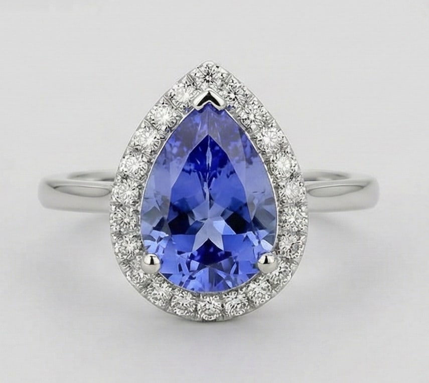 2.0 Ct Pear Natural Tanzanite 14K White Gold Halo Setting with Cathedral Shank Ring Certified: This certified fine jewelry piece features a 2.0 carat natural Tanzanite in a Pear cut, crafted in 14K White Gold. The Halo Setting with Cathedral Shank design highlights the beauty of the natural cen