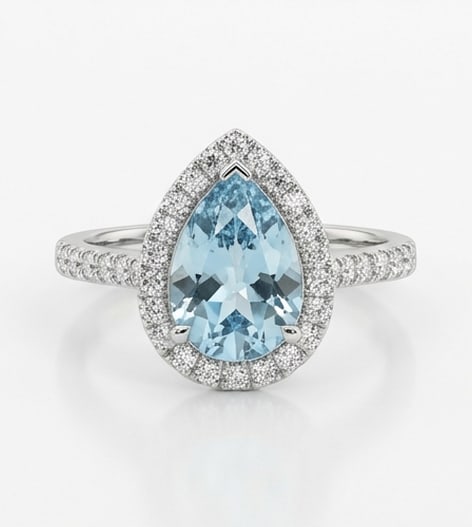 2.0 Ct Pear Natural Aquamarine 14K White Gold Halo Setting with Pave Shank Ring Certified: This certified fine jewelry piece features a 2.0 carat natural Aquamarine in a Pear cut, crafted in 14K White Gold. The Halo Setting with Pave Shank design highlights the beauty of the natural center 
