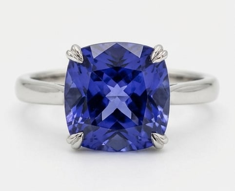 3.5 Ct Cushion Natural Tanzanite 14K White Gold Solitaire Setting Ring Certified: This certified fine jewelry piece features a 3.5 carat natural Tanzanite in a Cushion cut, crafted in 14K White Gold. The Solitaire Setting design highlights the beauty of the natural center stone. Al