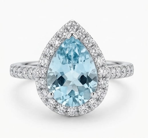 3.0 Ct Pear Natural Aquamarine 14K White Gold Halo Setting with Pave Shank Ring Certified: This certified fine jewelry piece features a 3.0 carat natural Aquamarine in a Pear cut, crafted in 14K White Gold. The Halo Setting with Pave Shank design highlights the beauty of the natural center 