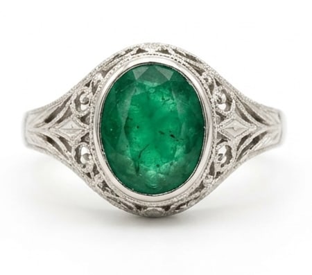 2.5 Ct Oval Natural Emerald 14K White Gold Vintage Bezel Solitaire (Filigree) Ring Certified: This certified fine jewelry piece features a 2.5 carat natural Emerald in a Oval cut, crafted in 14K White Gold. The Vintage Bezel Solitaire (Filigree) design highlights the beauty of the natural cent