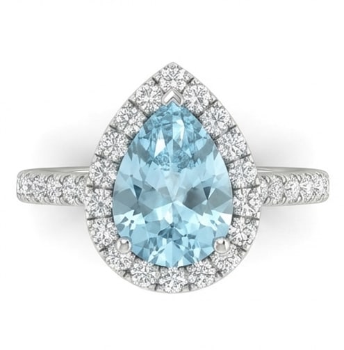 3.0 Ct Pear Natural Aquamarine 14K White Gold Halo Setting with Pave Shank Ring Certified: This certified fine jewelry piece features a 3.0 carat natural Aquamarine in a Pear cut, crafted in 14K White Gold. The Halo Setting with Pave Shank design highlights the beauty of the natural center 