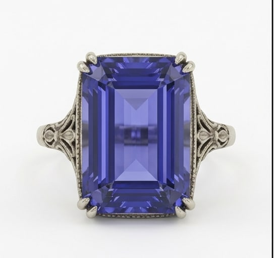5.5 Ct Emerald Natural Tanzanite 14K White Gold Vintage Cathedral Solitaire Ring Certified: This certified fine jewelry piece features a 5.5 carat natural Tanzanite in a Emerald cut, crafted in 14K White Gold. The Vintage Cathedral Solitaire design highlights the beauty of the natural center