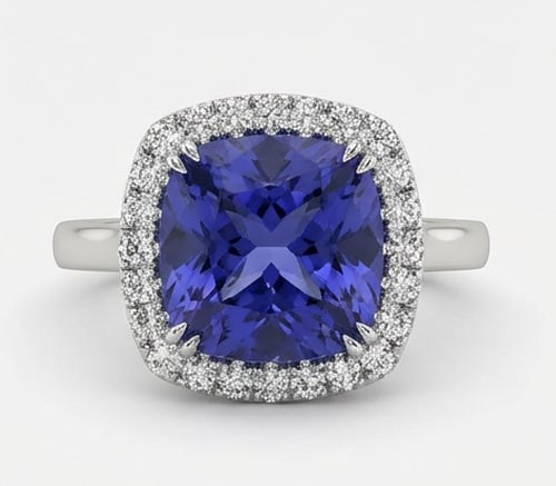 3.5 Ct Cushion Natural Tanzanite 14K White Gold Halo Setting with Pave Shank Ring Certified: This certified fine jewelry piece features a 3.5 carat natural Tanzanite in a Cushion cut, crafted in 14K White Gold. The Halo Setting with Pave Shank design highlights the beauty of the natural cente