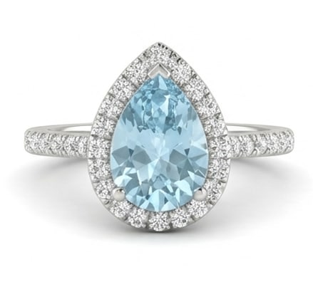 3.0 Ct Pear Natural Aquamarine 14K White Gold Halo Setting with Pave Shank Ring Certified: This certified fine jewelry piece features a 3.0 carat natural Aquamarine in a Pear cut, crafted in 14K White Gold. The Halo Setting with Pave Shank design highlights the beauty of the natural center 