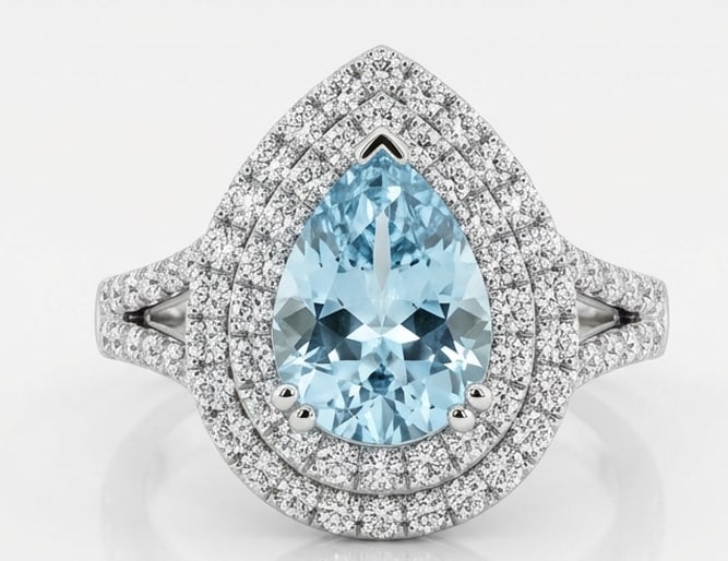 2.0 Ct Pear Natural Aquamarine 14K White Gold Double Halo with Split Shank Ring Certified: This certified fine jewelry piece features a 2.0 carat natural Aquamarine in a Pear cut, crafted in 14K White Gold. The Double Halo with Split Shank design highlights the beauty of the natural center 