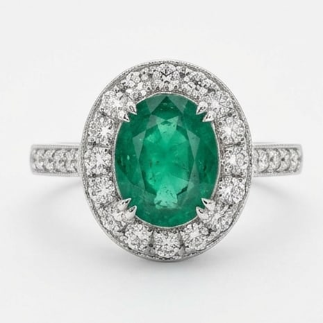2.0 Ct Oval Natural Emerald 14K White Gold Halo Setting with Pave Shank Ring Certified: This certified fine jewelry piece features a 2.0 carat natural Emerald in a Oval cut, crafted in 14K White Gold. The Halo Setting with Pave Shank design highlights the beauty of the natural center sto