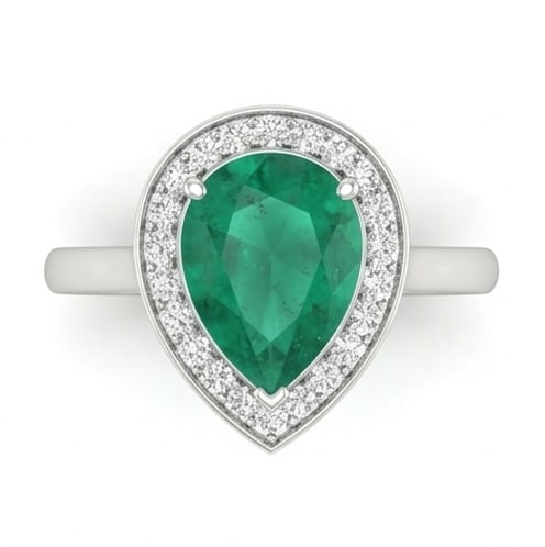 2.5 Ct Pear Natural Emerald 14K White Gold Halo Setting with Plain Shank Ring Certified: This certified fine jewelry piece features a 2.5 carat natural Emerald in a Pear cut, crafted in 14K White Gold. The Halo Setting with Plain Shank design highlights the beauty of the natural center st