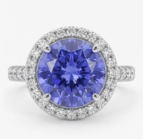 3.0 Ct Round Natural Tanzanite 14K White Gold Halo Setting with Pave Shank Ring Certified: This certified fine jewelry piece features a 3.0 carat natural Tanzanite in a Round cut, crafted in 14K White Gold. The Halo Setting with Pave Shank design highlights the beauty of the natural center 