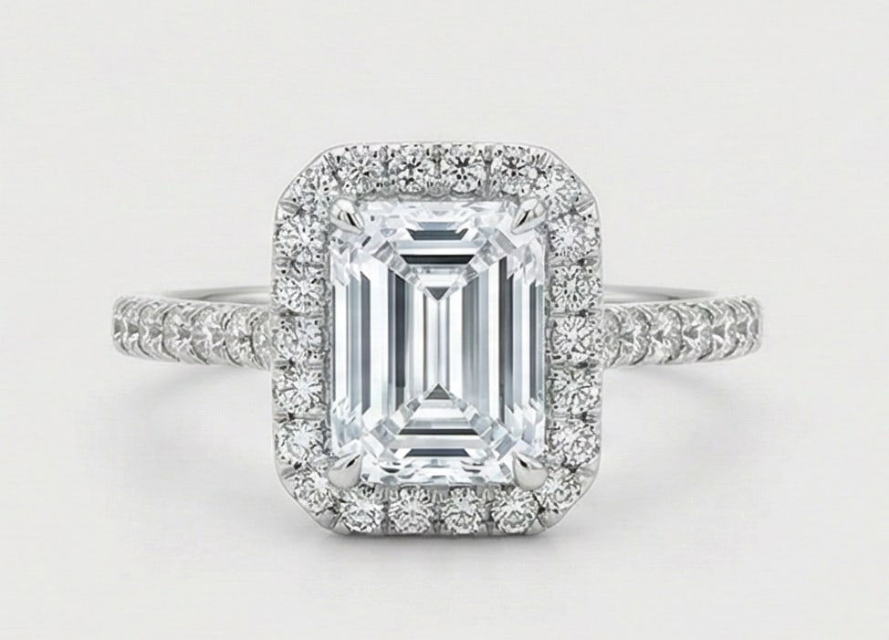 10 Ct Emerald Cut Certified Lab Grown Diamond Halo Ring: An extraordinary 10 carat certified lab grown diamond ring crafted in luxurious 14K white gold. This breathtaking piece features a large emerald cut center diamond surrounded by a brilliant diamond ha
