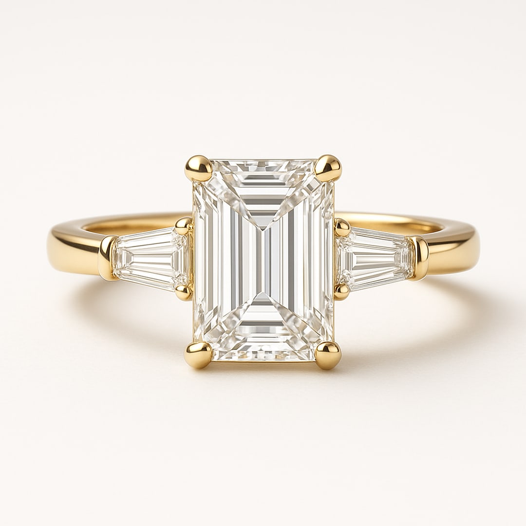Luxury 10 Ct Emerald Cut Certified Lab Grown Diamond Ring with Trapezoid Side Stones: An exceptional 10 carat certified lab grown diamond engagement ring crafted in luxurious 14K yellow gold. This elegant three-stone design showcases a breathtaking emerald cut center diamond accented b